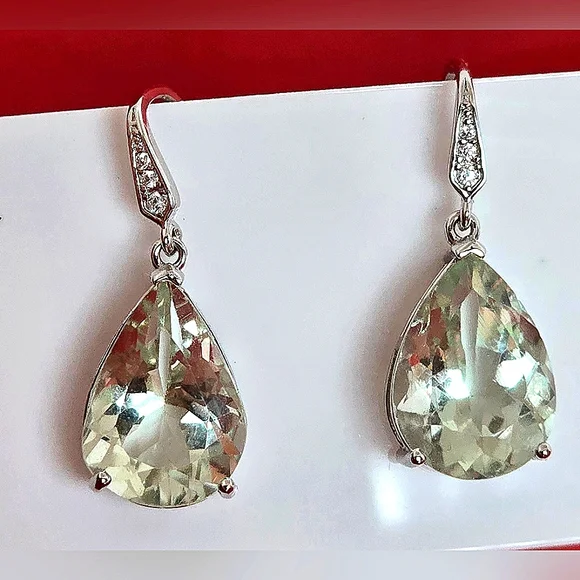 Natural Green Amethyst & Cz 925 Sterling Silver Earrings